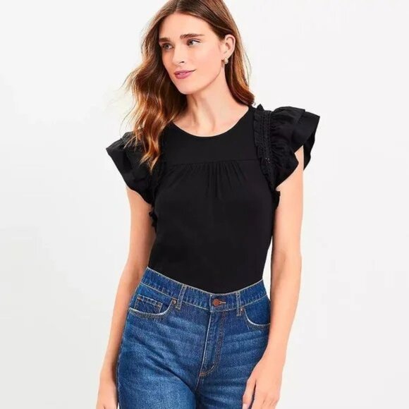 LOFT Tiered Ruffle Mixed Media Top - Black - Size XL - Picture 1 of 8